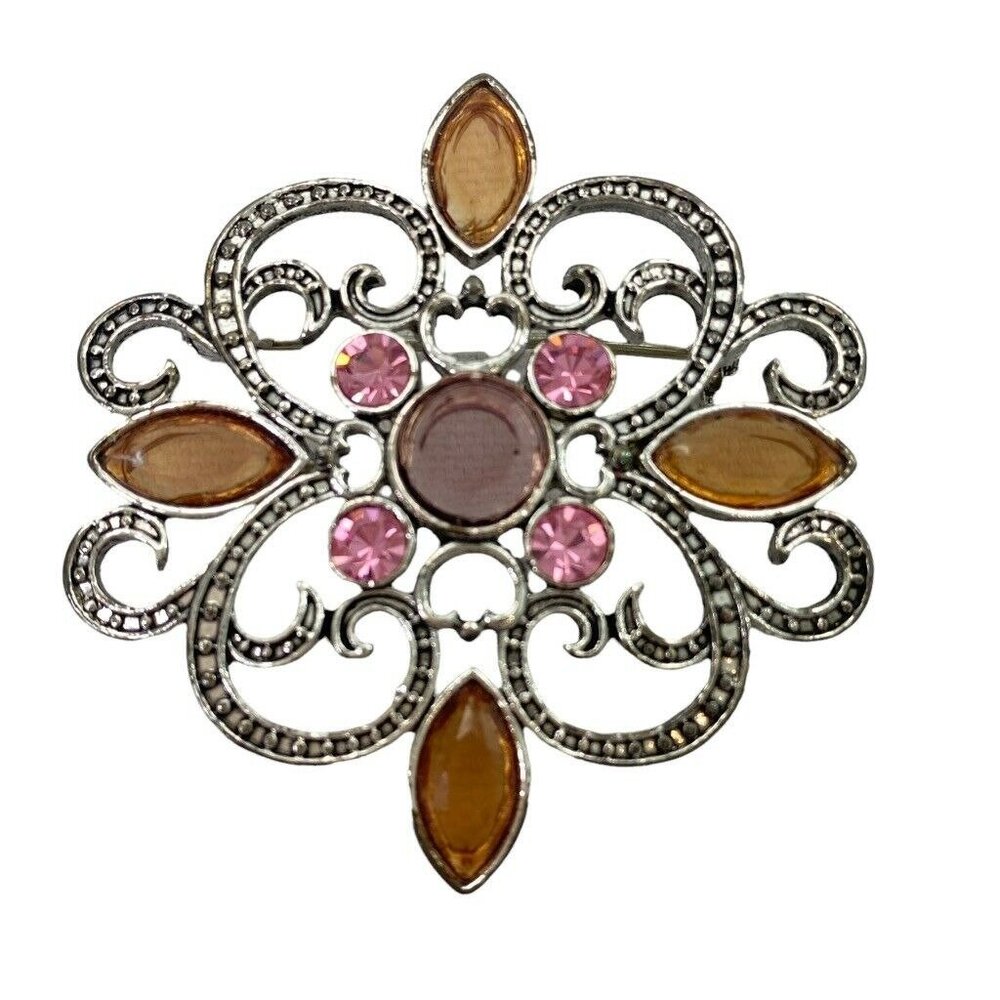 Brooch Pin Fashion Jewelry Rhinestones Amber Pink Silver Tone - Picture 7 of 9